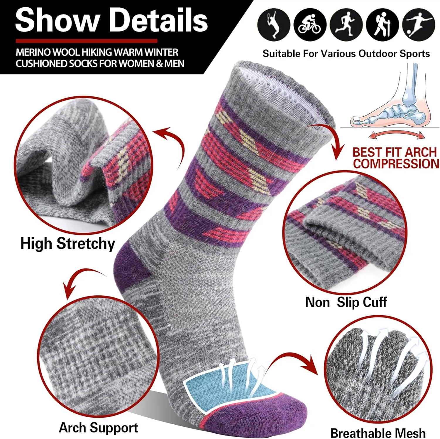 5 Pairs Merino Wool Hiking Socks Thermal Winter Warm Moisture Wicking Cushion Outdoor Socks for Women & Men