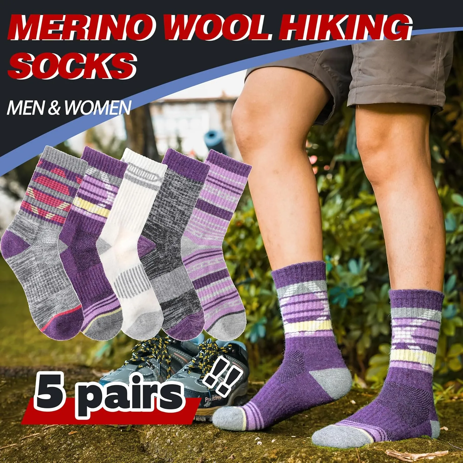 5 Pairs Merino Wool Hiking Socks Thermal Winter Warm Moisture Wicking Cushion Outdoor Socks for Women & Men