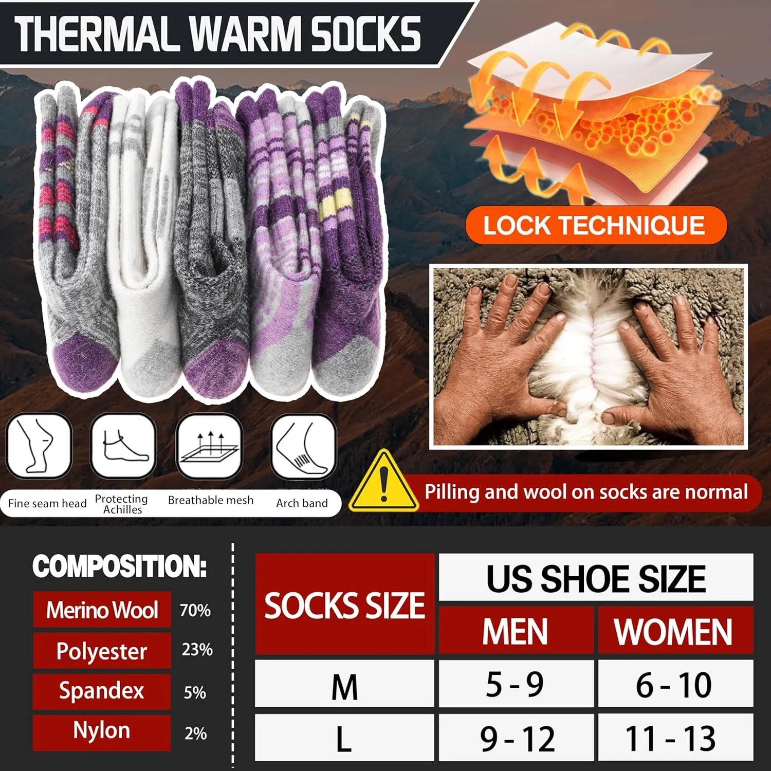 5 Pairs Merino Wool Hiking Socks Thermal Winter Warm Moisture Wicking Cushion Outdoor Socks for Women & Men