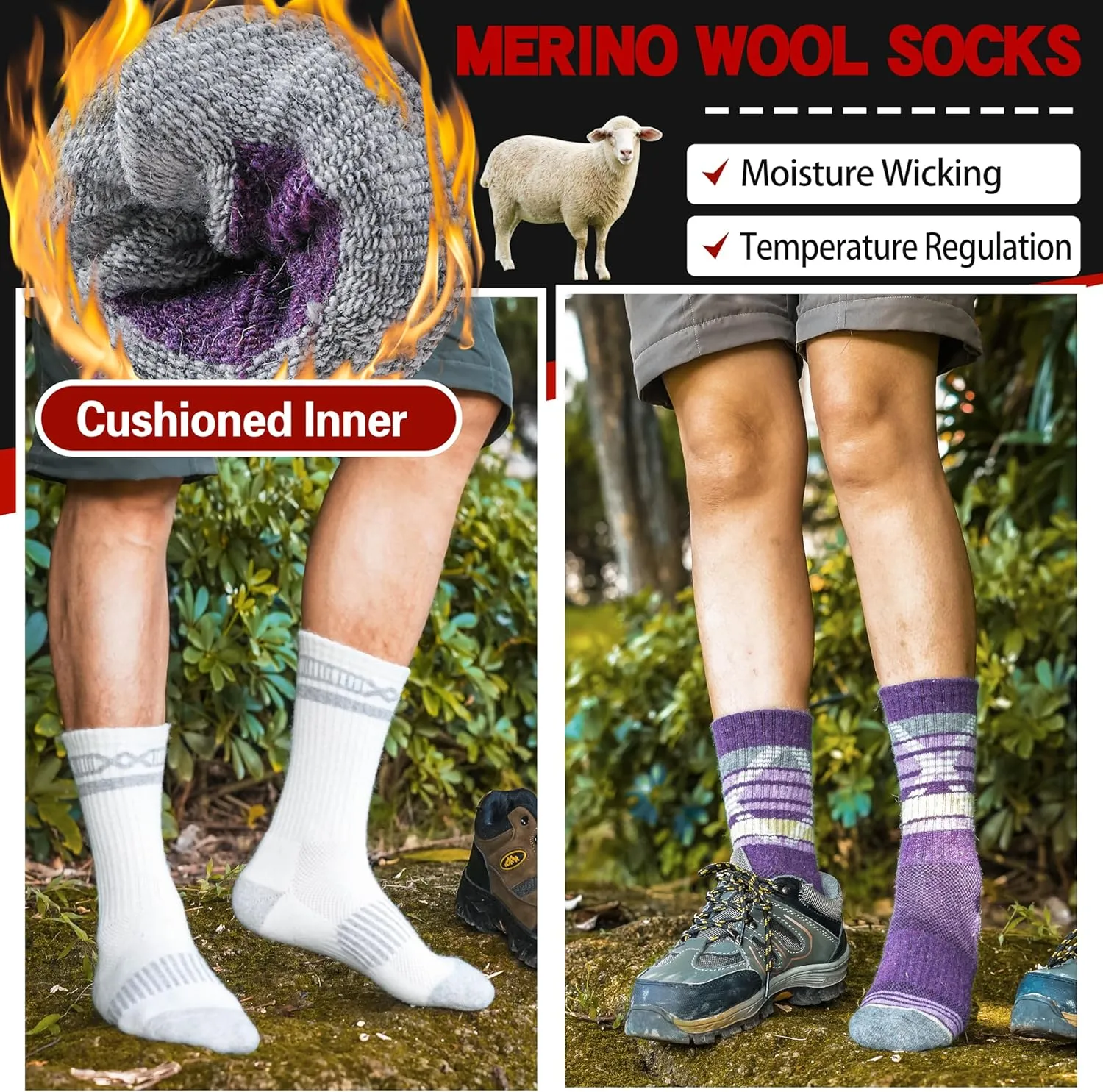 5 Pairs Merino Wool Hiking Socks Thermal Winter Warm Moisture Wicking Cushion Outdoor Socks for Women & Men