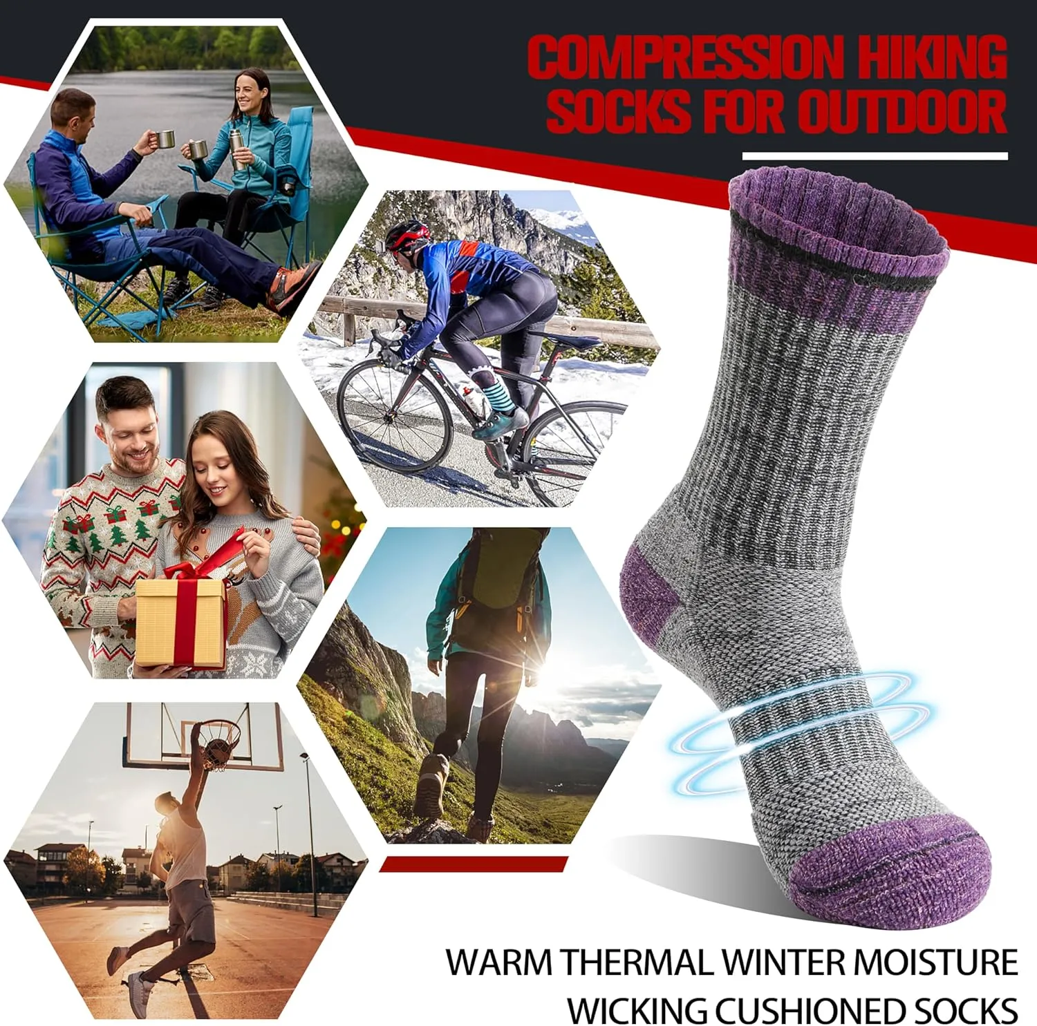 5 Pairs Merino Wool Hiking Socks Thermal Winter Warm Moisture Wicking Cushion Outdoor Socks for Women & Men