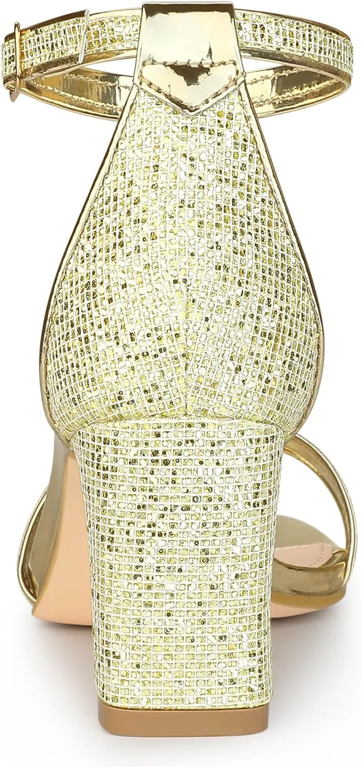 Allegra K Women's Glitter Ankle Strap Chunky Heeled Sandals