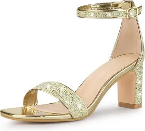 Allegra K Women's Glitter Ankle Strap Chunky Heeled Sandals