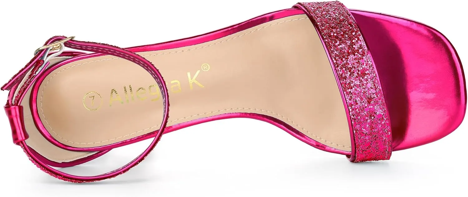 Allegra K Women's Glitter Ankle Strap Chunky Heeled Sandals
