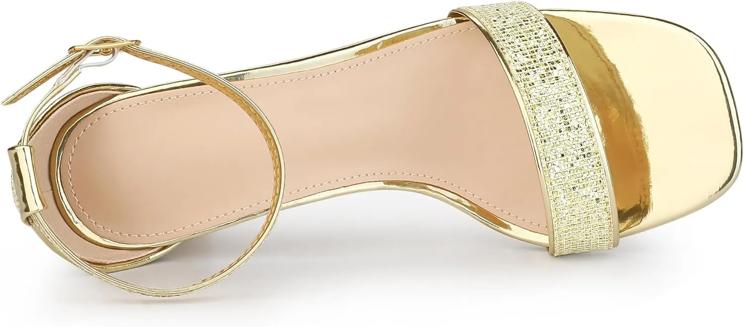 Allegra K Women's Glitter Ankle Strap Chunky Heeled Sandals