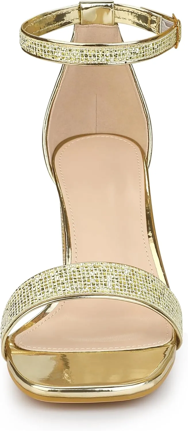 Allegra K Women's Glitter Ankle Strap Chunky Heeled Sandals