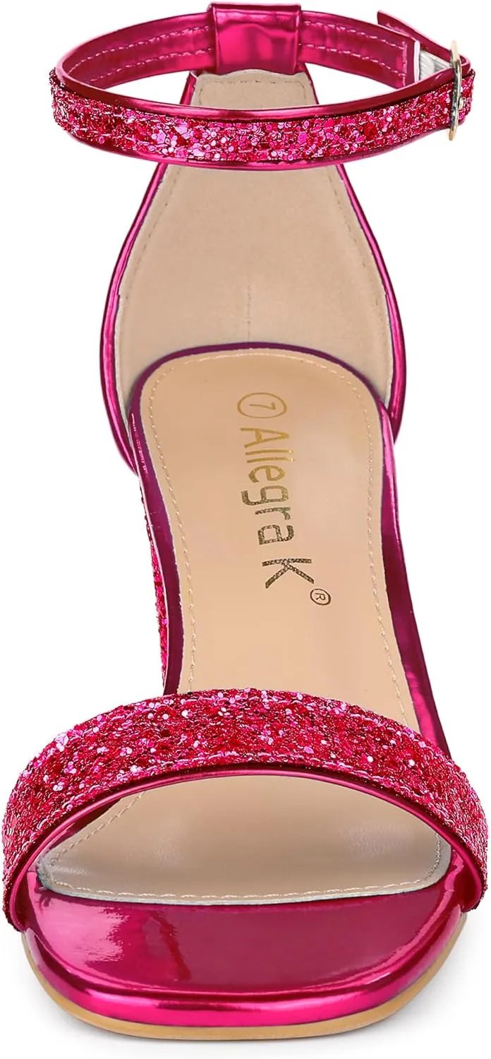 Allegra K Women's Glitter Ankle Strap Chunky Heeled Sandals