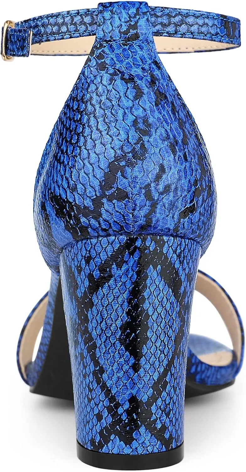 Allegra K Women's Snakeskin Heels Chunky Heels Ankle Strap Sandals