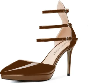 AMBELIGHT Womens Evening Patent Ankle Strap Dress Heels Buckle Pointed Toe Platform Stiletto High Heel Pumps Shoes 4 Inch