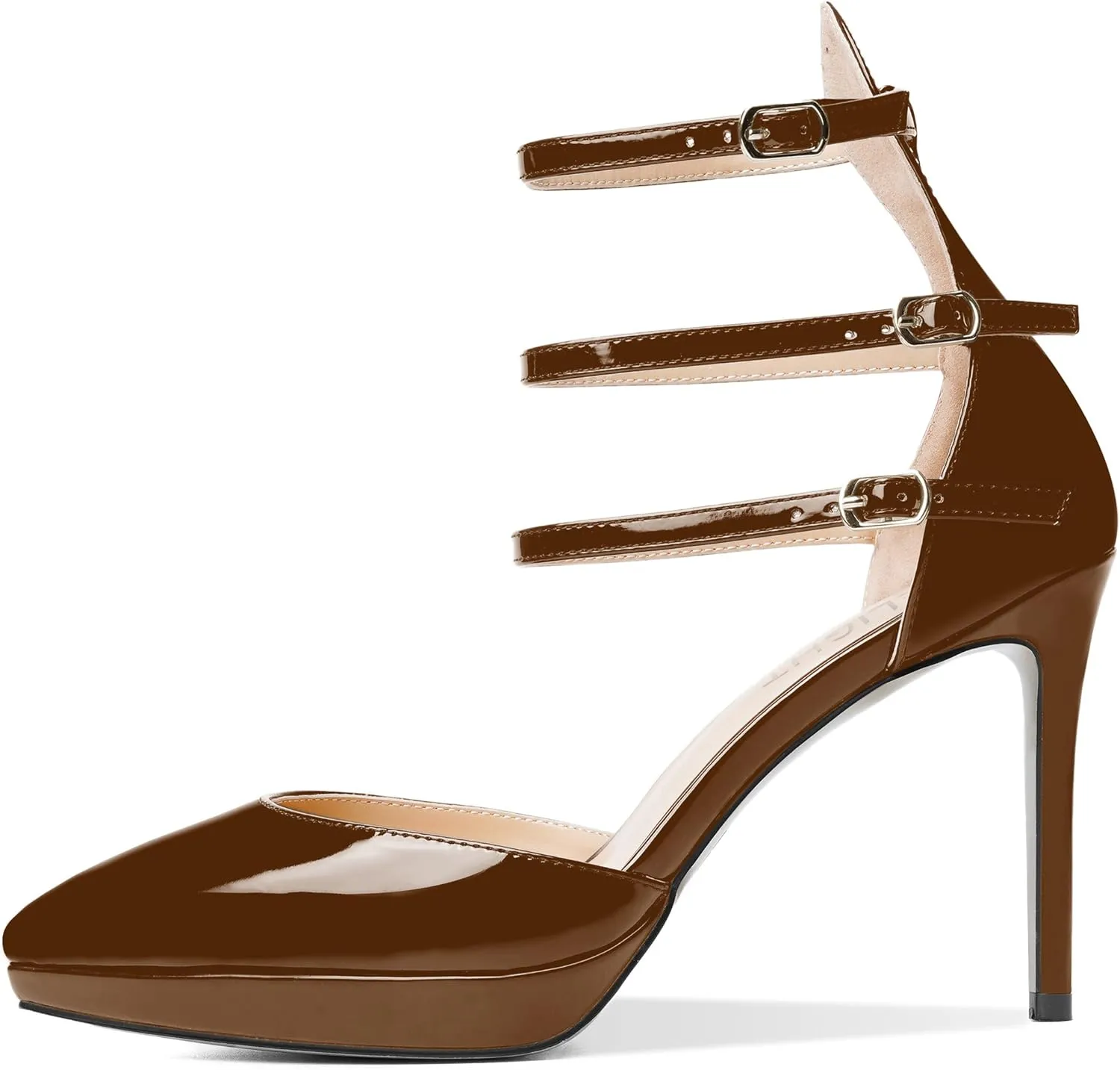 AMBELIGHT Womens Evening Patent Ankle Strap Dress Heels Buckle Pointed Toe Platform Stiletto High Heel Pumps Shoes 4 Inch