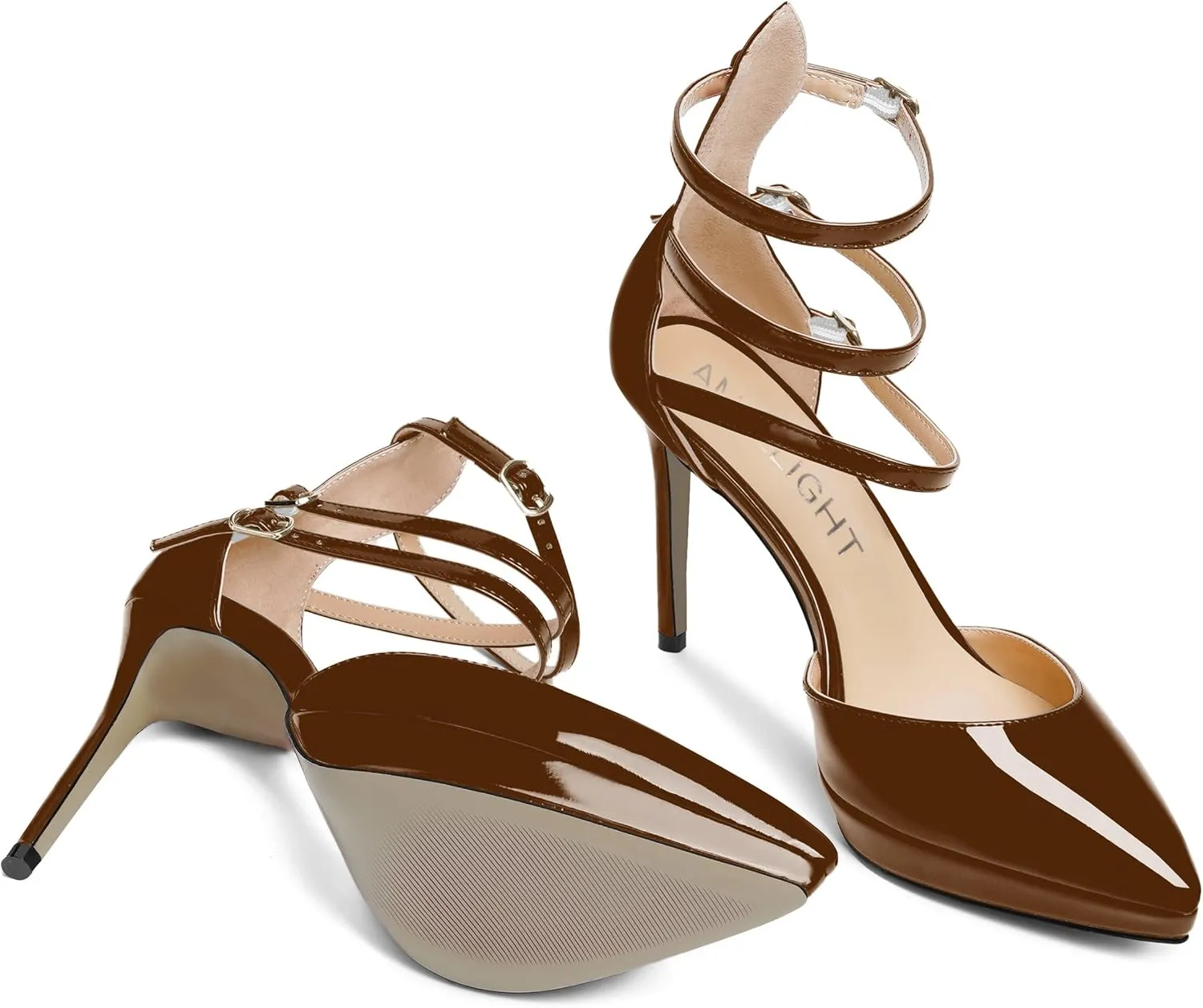AMBELIGHT Womens Evening Patent Ankle Strap Dress Heels Buckle Pointed Toe Platform Stiletto High Heel Pumps Shoes 4 Inch