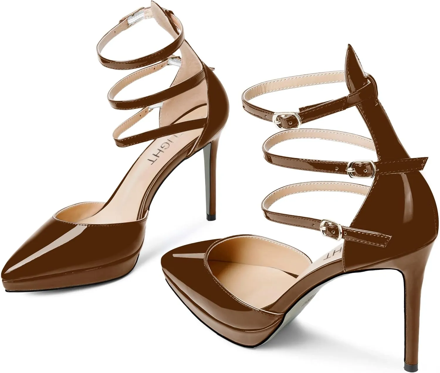 AMBELIGHT Womens Evening Patent Ankle Strap Dress Heels Buckle Pointed Toe Platform Stiletto High Heel Pumps Shoes 4 Inch
