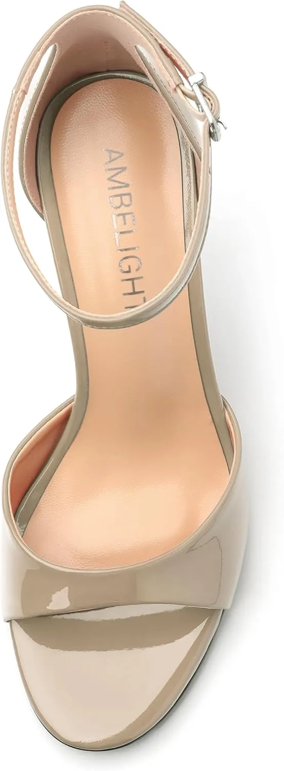 AMBELIGHT Women's Sexy Stiletto High Kitten Patent Heels Ankle Strap Buckle Round Peep Open Toe Sandals Elegant Dress Office Party Wedding Shoes For Women 3.5 Inch