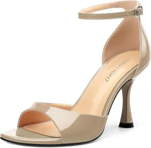 AMBELIGHT Women's Sexy Stiletto High Kitten Patent Heels Ankle Strap Buckle Round Peep Open Toe Sandals Elegant Dress Office Party Wedding Shoes For Women 3.5 Inch