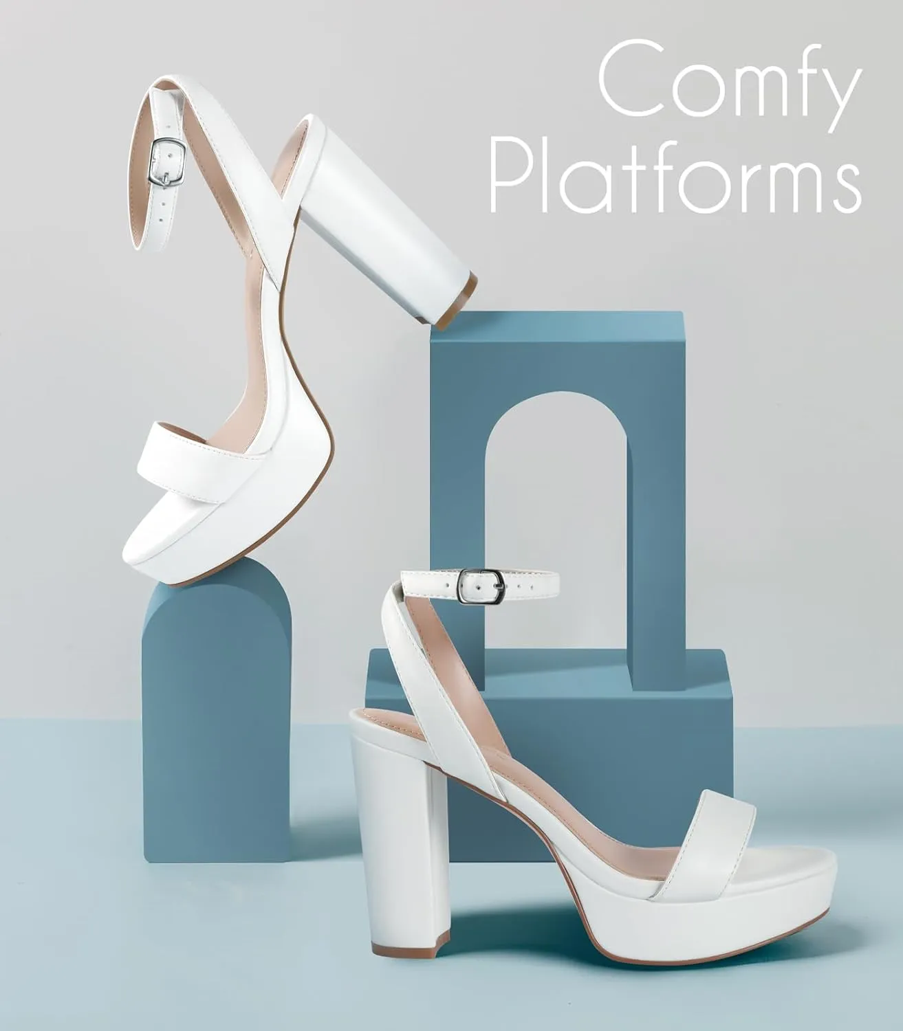 Ankis Platform Heels for Women 4 Inches Chunky Heels Sandals for Women Comfy Open Toe Block Heeled Sandals Nude White Silver Gold Black Ankle Strappy Heels for Women