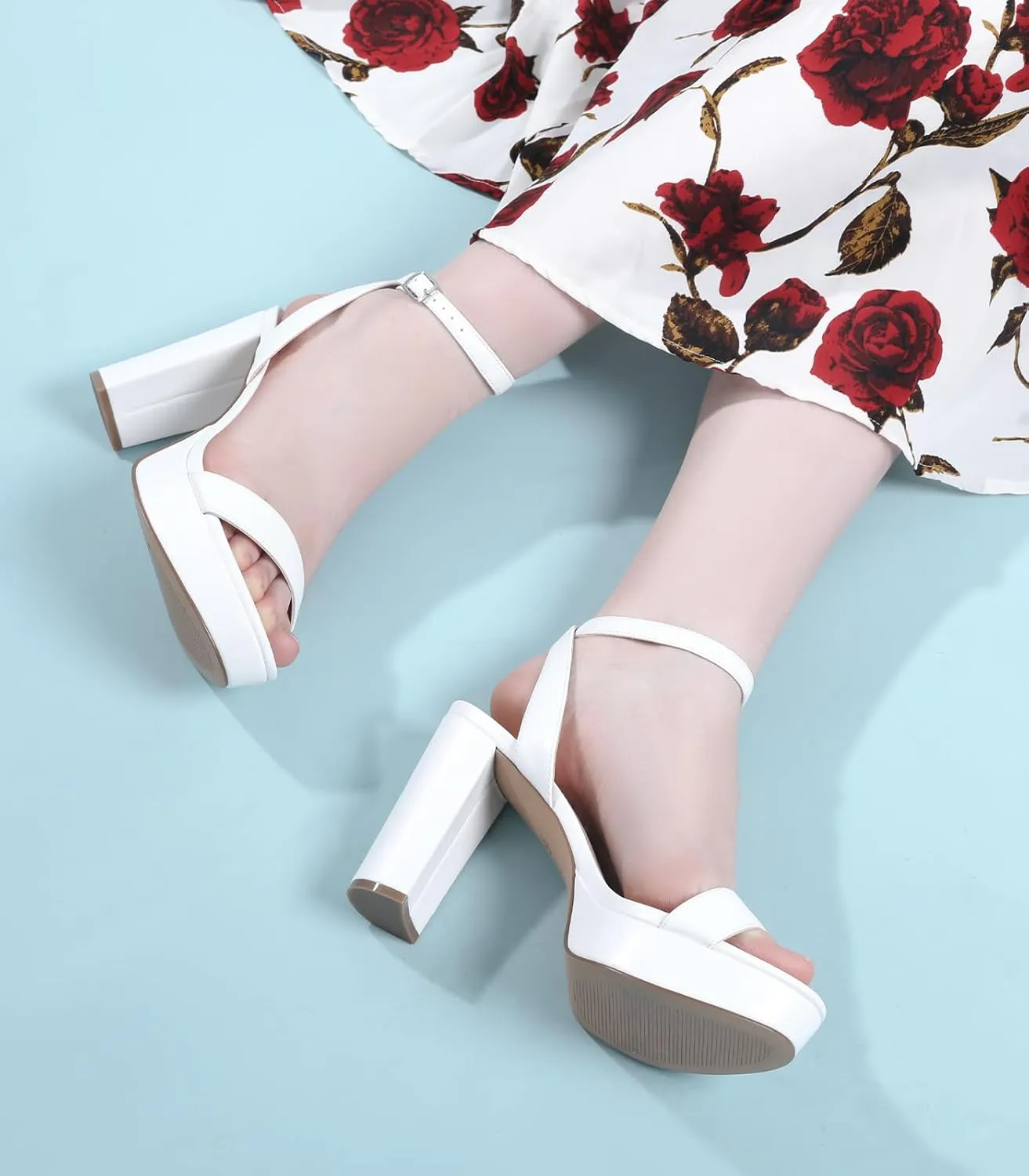 Ankis Platform Heels for Women 4 Inches Chunky Heels Sandals for Women Comfy Open Toe Block Heeled Sandals Nude White Silver Gold Black Ankle Strappy Heels for Women