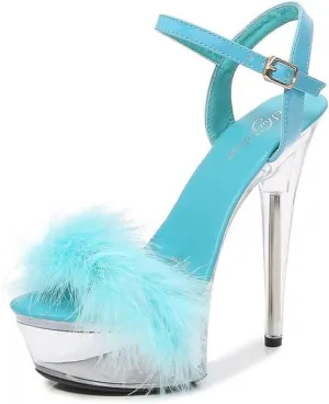 Ankle Strap Clear Platform Furry Sandals Heels Stiletto