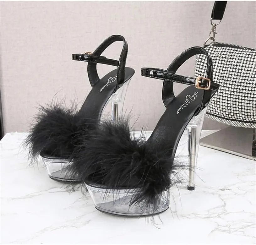 Ankle Strap Clear Platform Furry Sandals Heels Stiletto