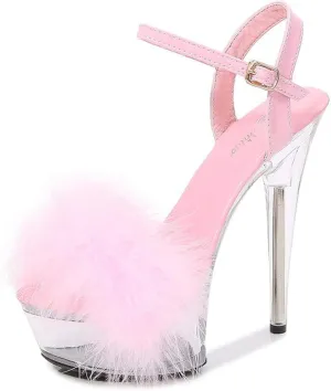 Ankle Strap Clear Platform Furry Sandals Heels Stiletto