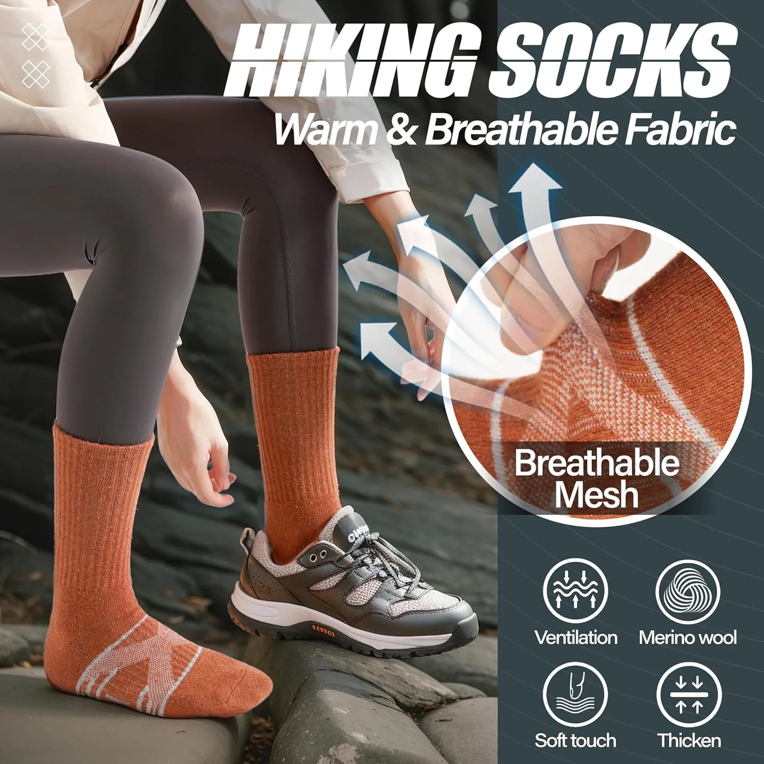 ANTSANG 5 Pairs Merino Wool Hiking Socks for Men & Women Thermal Winter Warm Moisture Wicking Cushion Boot Socks