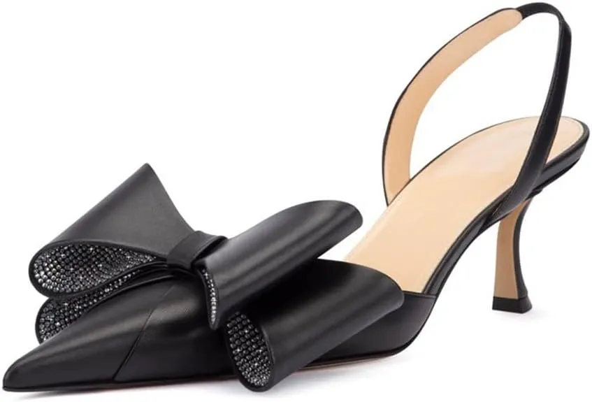 Arqa Women's Kitten Heels Oversize Satin Bow Slingback Pumps Pointed Toe Dress Low Heels