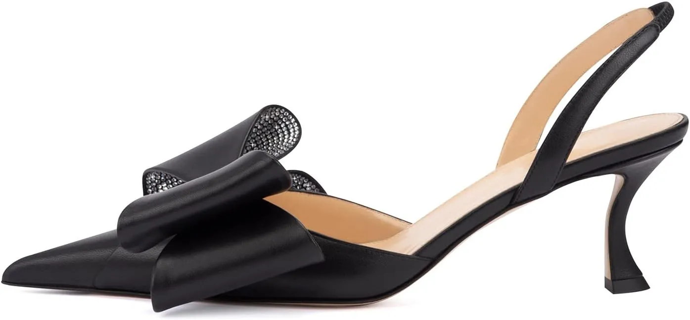 Arqa Women's Kitten Heels Oversize Satin Bow Slingback Pumps Pointed Toe Dress Low Heels