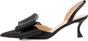 Arqa Women's Kitten Heels Oversize Satin Bow Slingback Pumps Pointed Toe Dress Low Heels