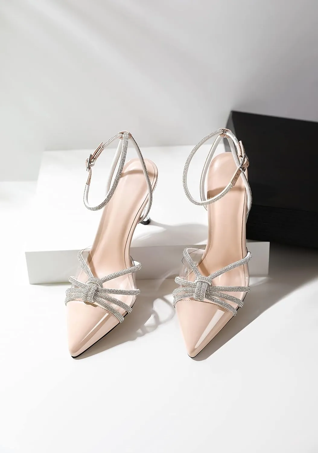 AUMOTED Women's Stiletto High Heel Pumps Ladies Clear Heels Patent Pointed Toe Pumps Crystal Rhinestones Ankle Strap Wedding Bridal Dress Heeled Sandals 3.4 Inch