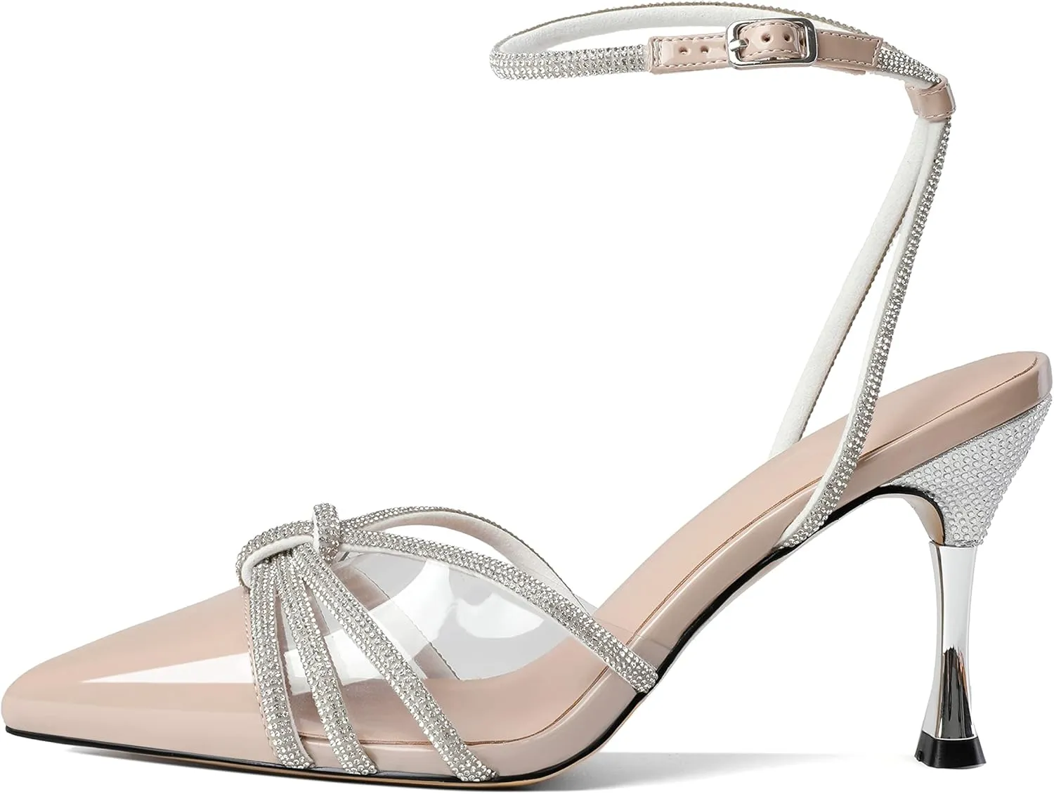 AUMOTED Women's Stiletto High Heel Pumps Ladies Clear Heels Patent Pointed Toe Pumps Crystal Rhinestones Ankle Strap Wedding Bridal Dress Heeled Sandals 3.4 Inch