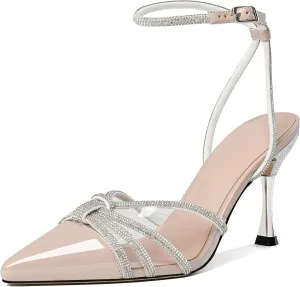 AUMOTED Women's Stiletto High Heel Pumps Ladies Clear Heels Patent Pointed Toe Pumps Crystal Rhinestones Ankle Strap Wedding Bridal Dress Heeled Sandals 3.4 Inch