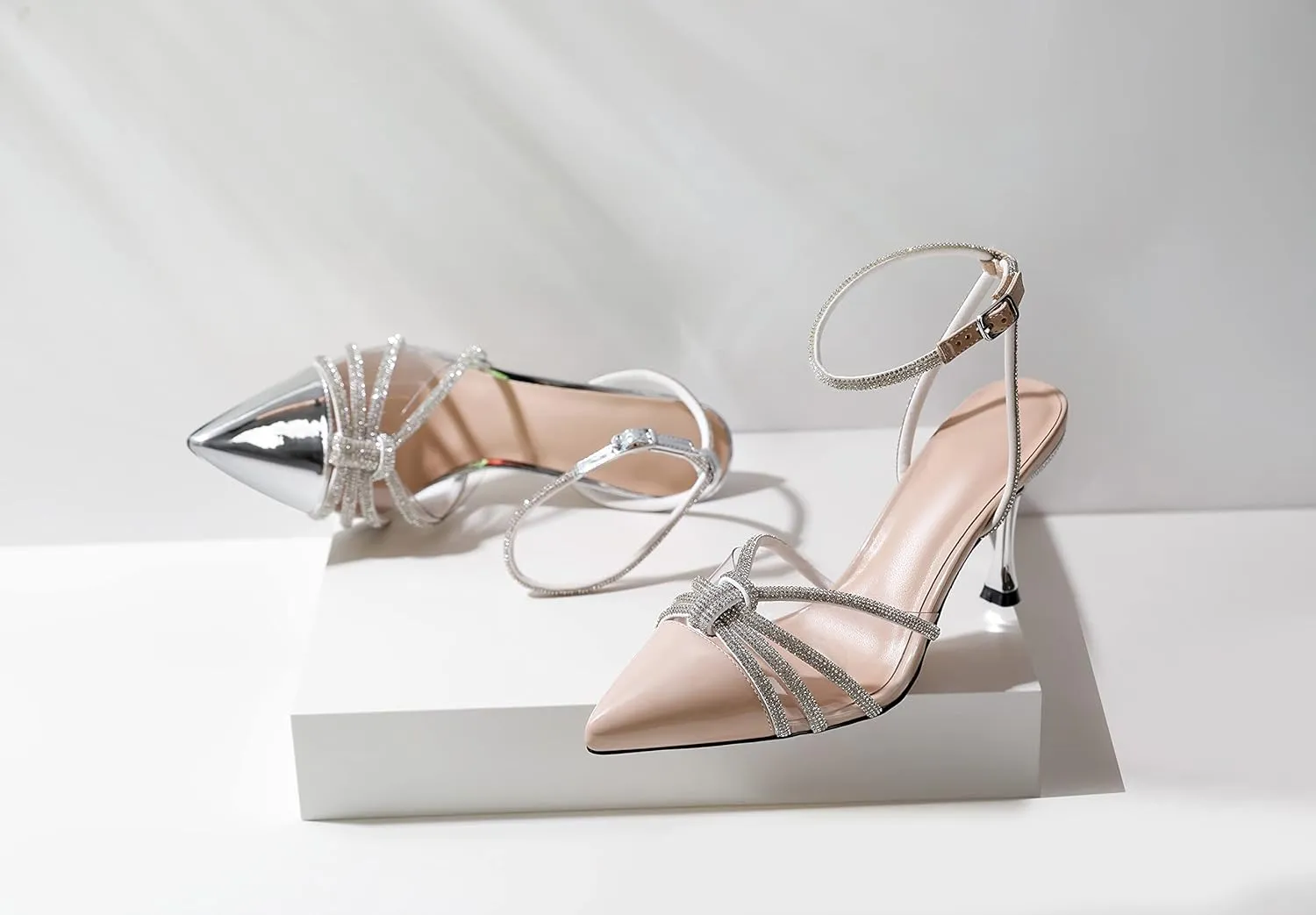 AUMOTED Women's Stiletto High Heel Pumps Ladies Clear Heels Patent Pointed Toe Pumps Crystal Rhinestones Ankle Strap Wedding Bridal Dress Heeled Sandals 3.4 Inch