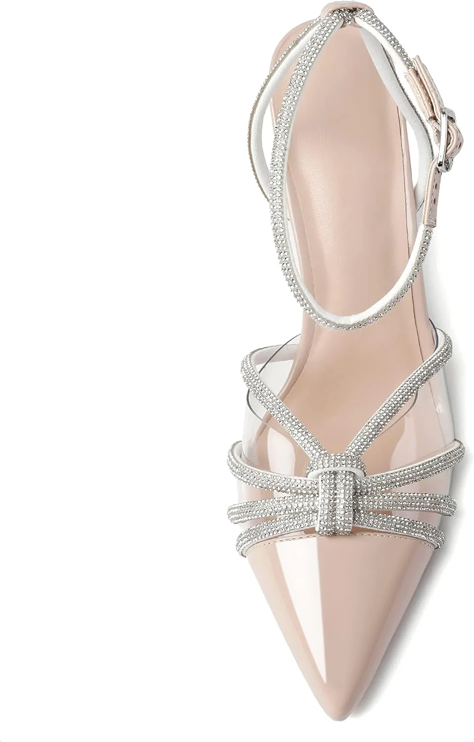 AUMOTED Women's Stiletto High Heel Pumps Ladies Clear Heels Patent Pointed Toe Pumps Crystal Rhinestones Ankle Strap Wedding Bridal Dress Heeled Sandals 3.4 Inch