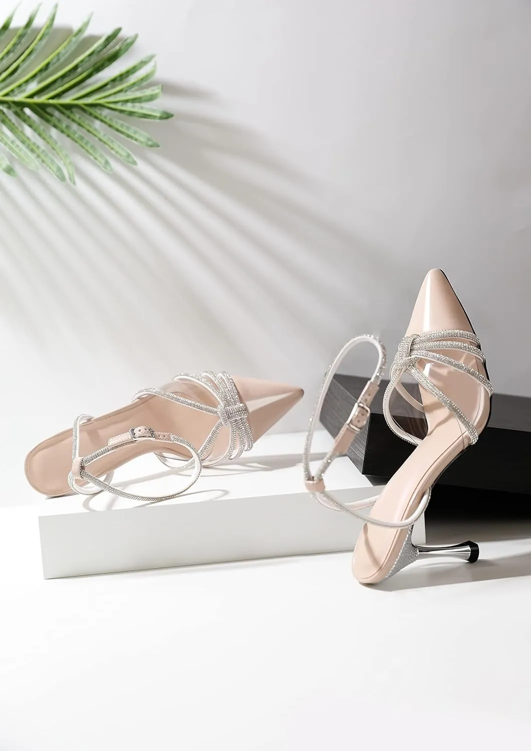 AUMOTED Women's Stiletto High Heel Pumps Ladies Clear Heels Patent Pointed Toe Pumps Crystal Rhinestones Ankle Strap Wedding Bridal Dress Heeled Sandals 3.4 Inch