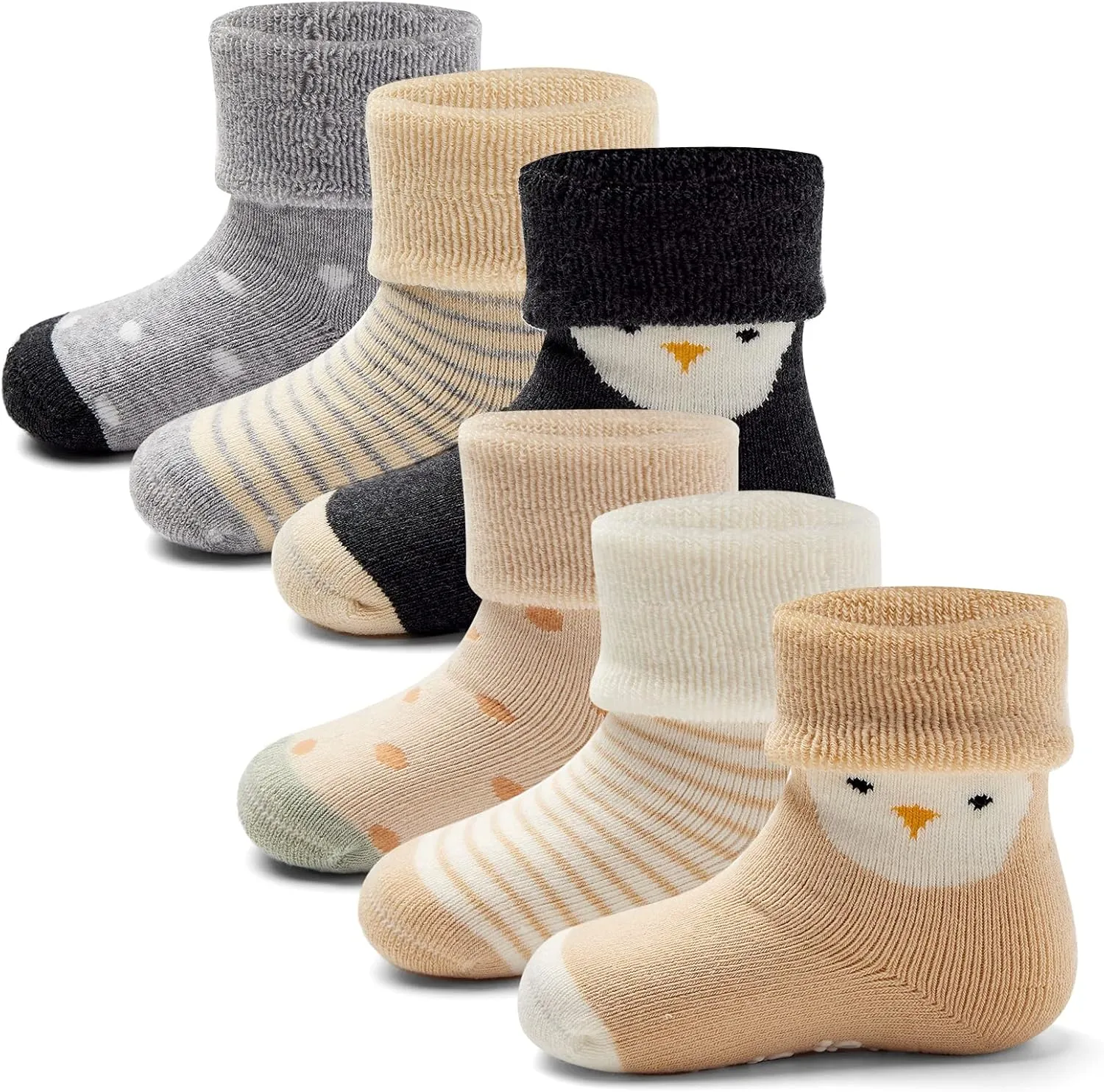 Baby Winter Socks Non Slip Warm Socks with Grips for Baby Boys Girls Fuzzy Terry Stars Color 6 Pack
