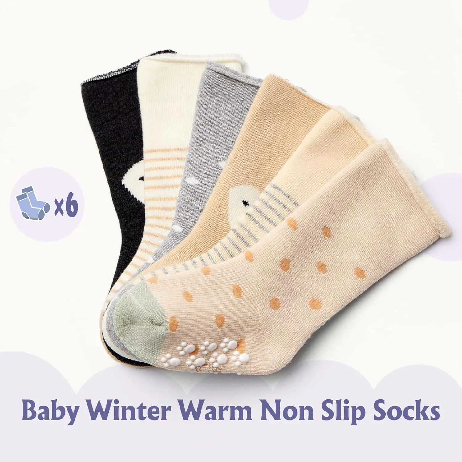 Baby Winter Socks Non Slip Warm Socks with Grips for Baby Boys Girls Fuzzy Terry Stars Color 6 Pack