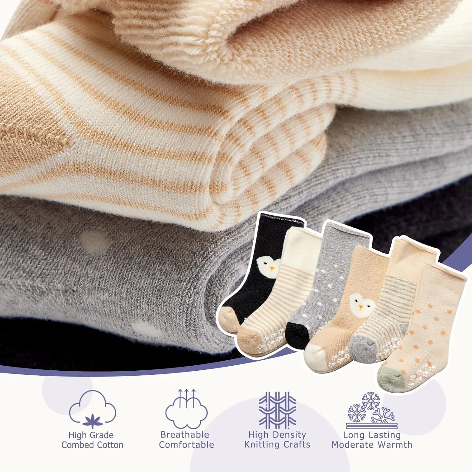 Baby Winter Socks Non Slip Warm Socks with Grips for Baby Boys Girls Fuzzy Terry Stars Color 6 Pack