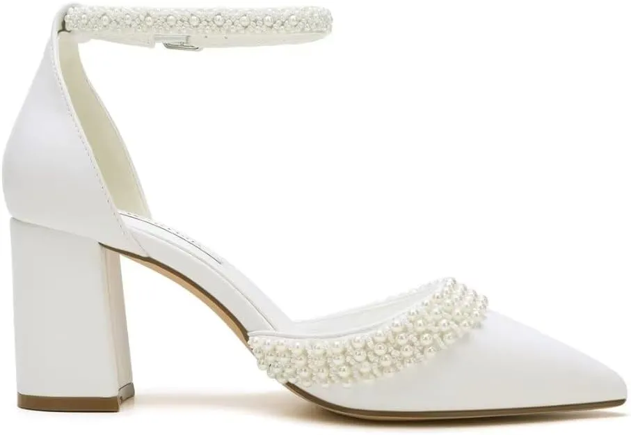 Block Heel Wedding Shoes for Bride Pointed Toe Pearl Heels Ankle Strap Wedding Heels Bridal Shoes