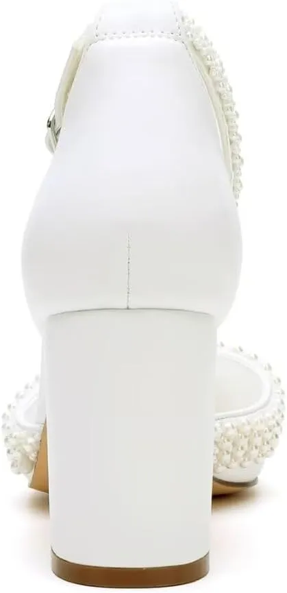 Block Heel Wedding Shoes for Bride Pointed Toe Pearl Heels Ankle Strap Wedding Heels Bridal Shoes