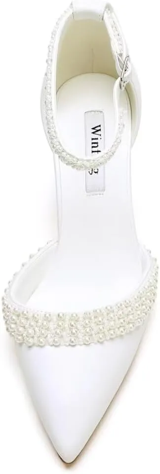 Block Heel Wedding Shoes for Bride Pointed Toe Pearl Heels Ankle Strap Wedding Heels Bridal Shoes