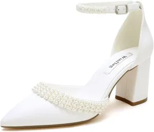 Block Heel Wedding Shoes for Bride Pointed Toe Pearl Heels Ankle Strap Wedding Heels Bridal Shoes