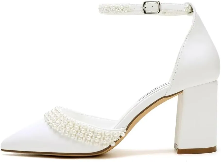 Block Heel Wedding Shoes for Bride Pointed Toe Pearl Heels Ankle Strap Wedding Heels Bridal Shoes