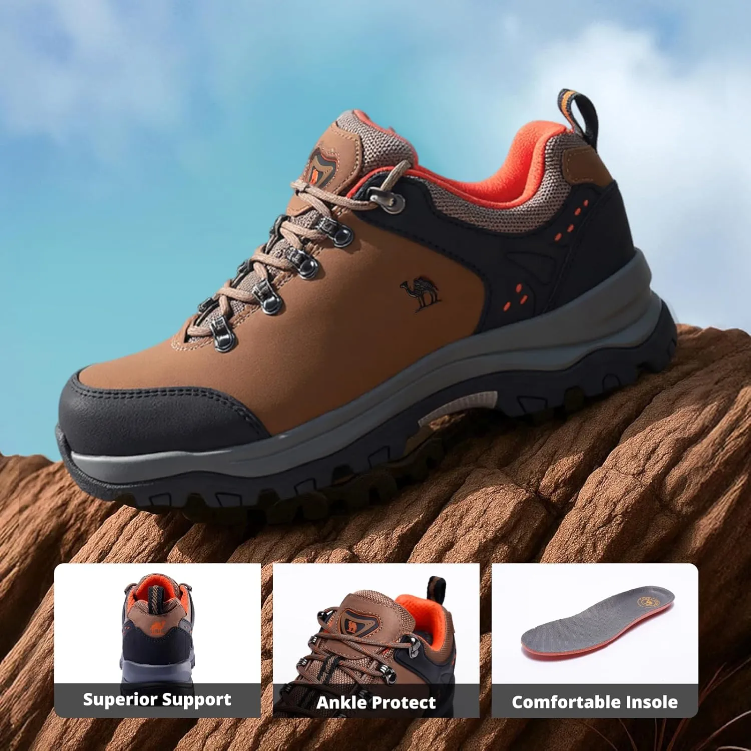 CAMEL CROWN Hiking Shoes Men Trekking Shoe Low Top Outdoor Walking Waterproof Leather Trail Sneakers