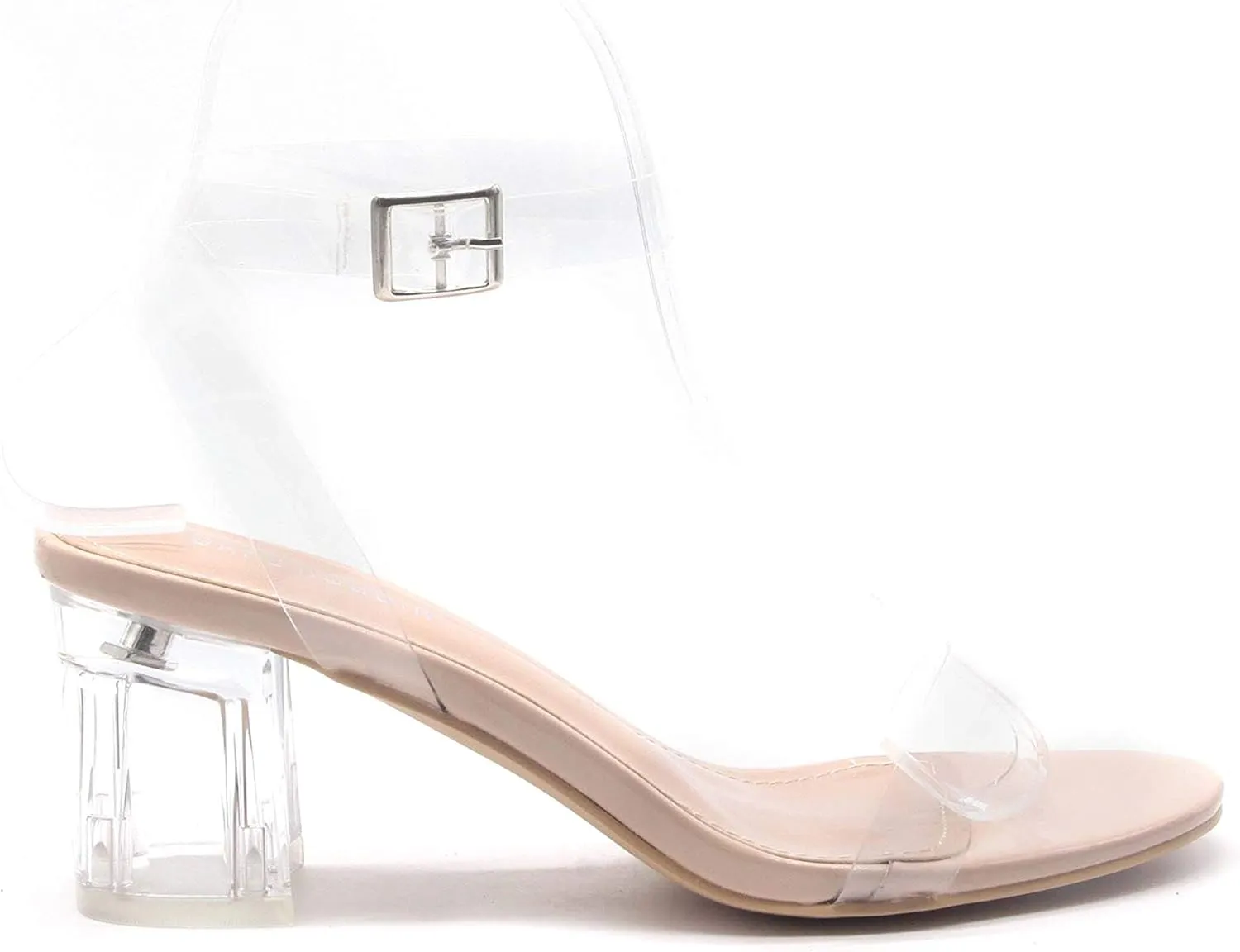 Cape Robbin Wisdom Clear Chunky Transparent Strappy Block Low Heels Nude