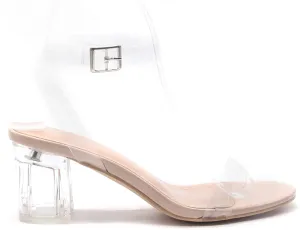 Cape Robbin Wisdom Clear Chunky Transparent Strappy Block Low Heels Nude