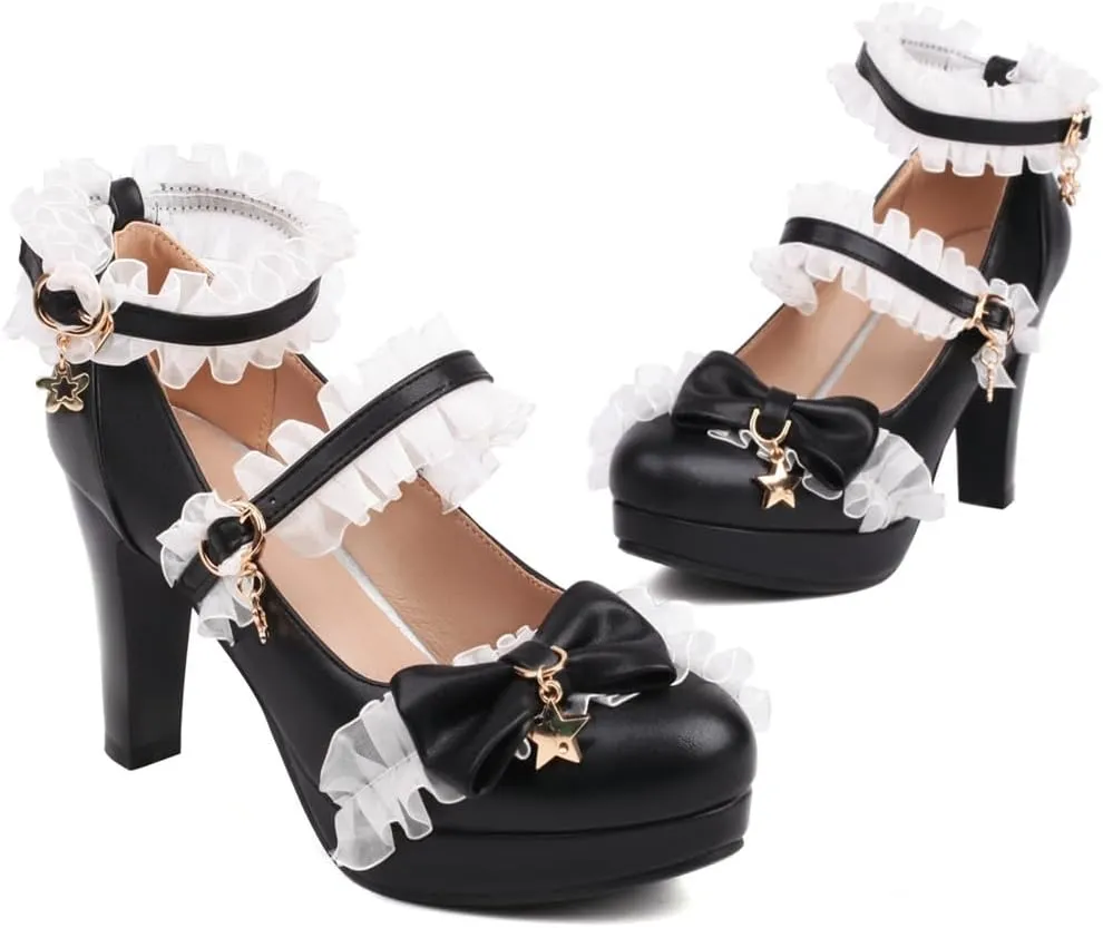 Chunky High Heels Mary Jane Pumps for Women Round Toe Platform Sweet Bow Lolita Elegant Dressy Shoes