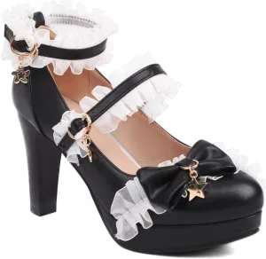 Chunky High Heels Mary Jane Pumps for Women Round Toe Platform Sweet Bow Lolita Elegant Dressy Shoes