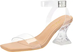 Clear Heels for Women Chunky Heel Sexy Open Square Toe Clear Ankle Strap Block Low Heeled Sandals