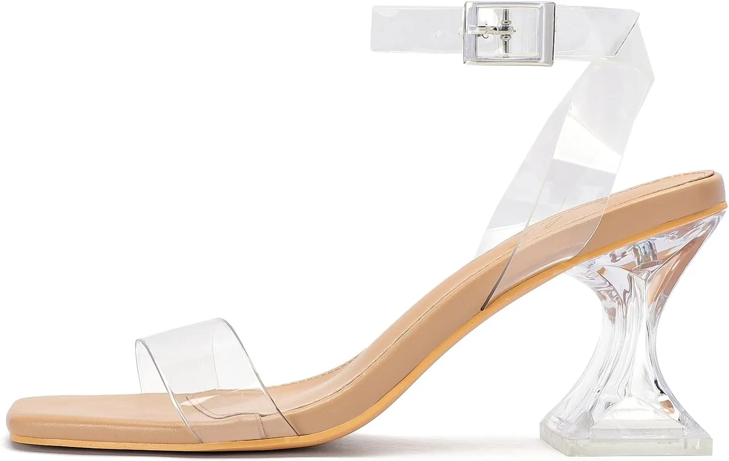 Clear Heels for Women Chunky Heel Sexy Open Square Toe Clear Ankle Strap Block Low Heeled Sandals