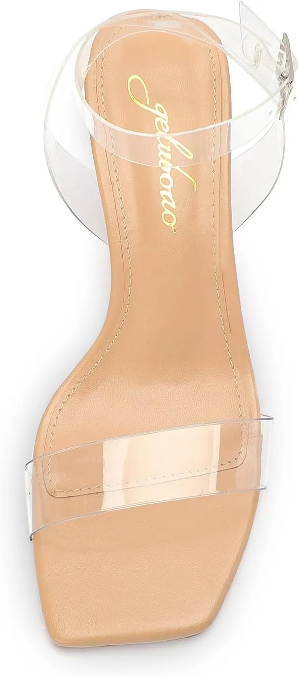 Clear Heels for Women Chunky Heel Sexy Open Square Toe Clear Ankle Strap Block Low Heeled Sandals