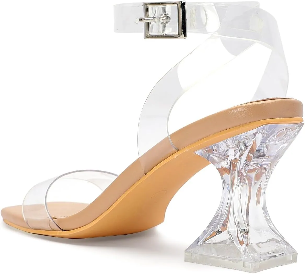 Clear Heels for Women Chunky Heel Sexy Open Square Toe Clear Ankle Strap Block Low Heeled Sandals